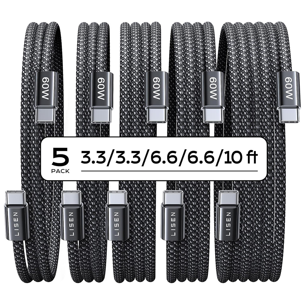 Lisen Cablu de date si incarcare LISEN YL0123070010, USB-C - USB-C, 60W, Set 5 bucati (2x1m, 2x2m, 1x3m), Negru - IT-Fashion.ro