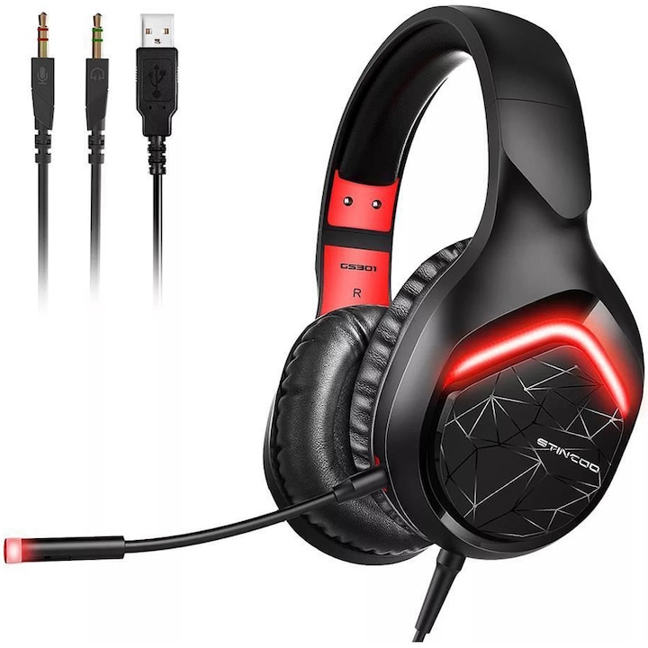 Somic Casti Gaming Somic GS301, Sunet Virtual 7.1, Iluminare RGB, Microfon, Negru/Rosu - IT-Fashion.ro