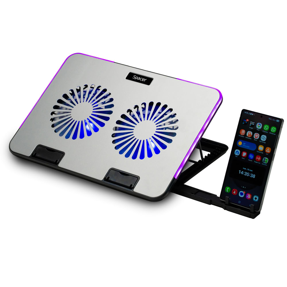 Cooler laptop SPACER SPNS-GAMING-2F-02, 5 trepte, 17inch, RGB, Silver - Imagine 3