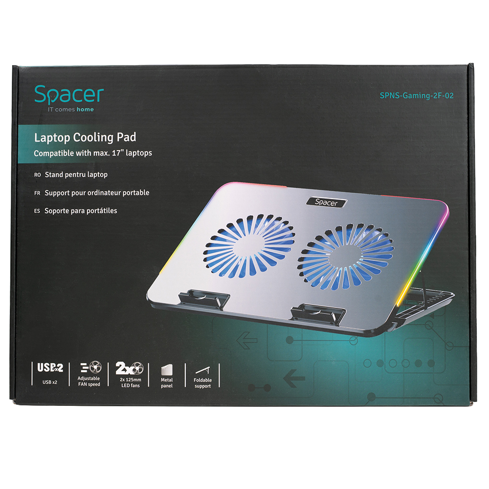Cooler laptop SPACER SPNS-GAMING-2F-02, 5 trepte, 17inch, RGB, Silver - Imagine 6