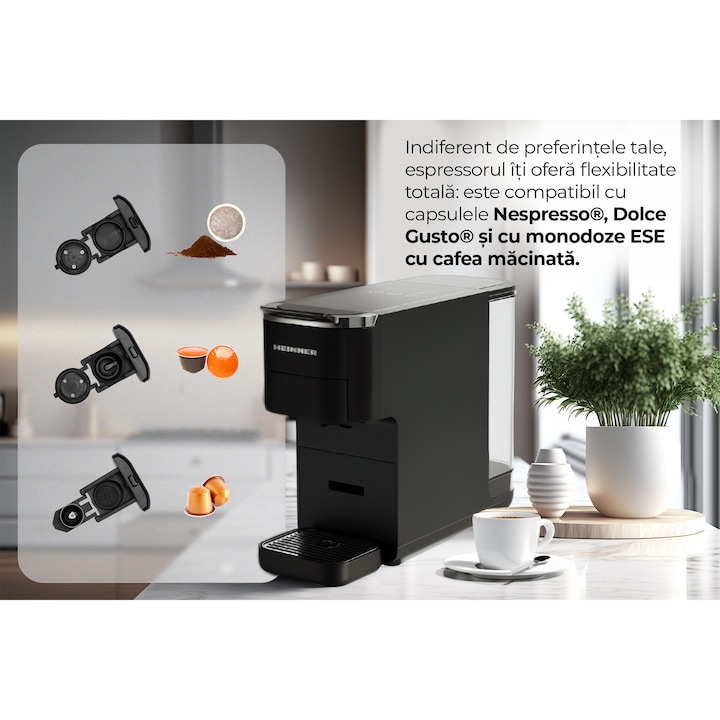 Espressor cu capsule HEINNER HEMC-DD15BK, 1525W, 15 bar, 1.5L, Negru - Imagine 4