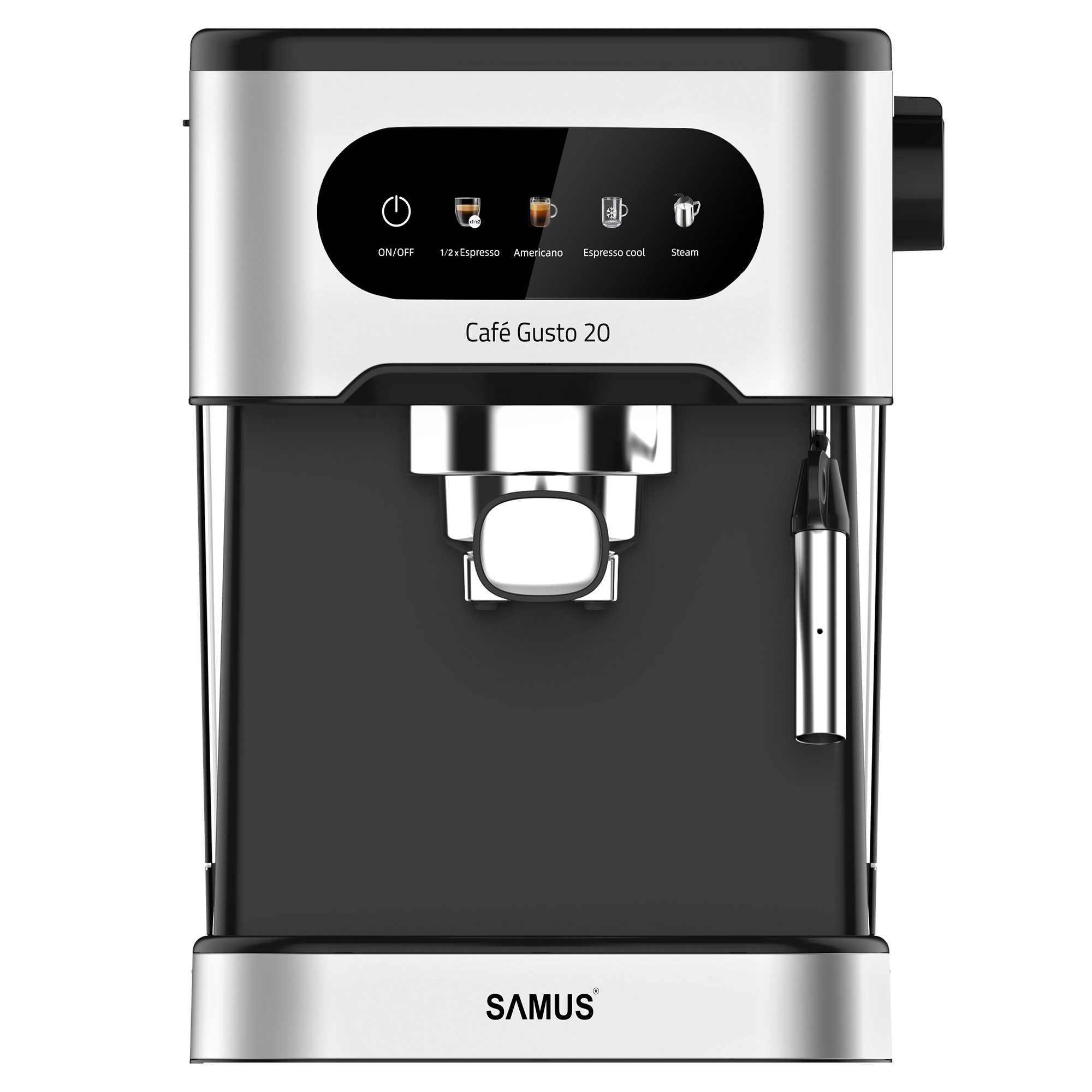 Samus Espressor Samus Cafe Gusto 20, 1350W, 20 bari, Control tactil, 5 bauturi, Rezervor de apa 1.5L, Inox/Negru - IT-Fashion.ro