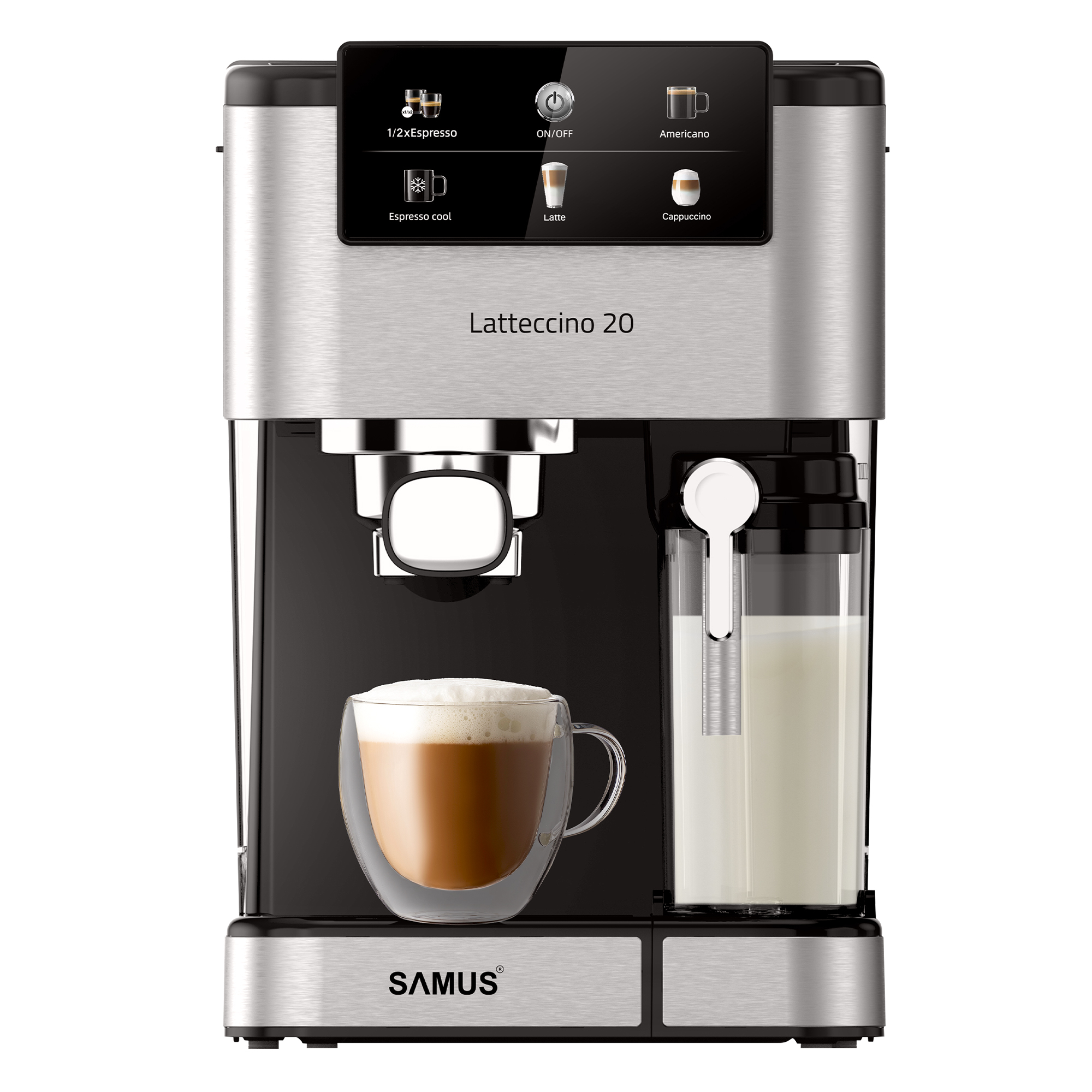 Samus Espressor manual Samus Latteccino 20, 20 bari, 1350W, 6 bauturi, Rezervor lapte 500ml, Inox/Negru - IT-Fashion.ro
