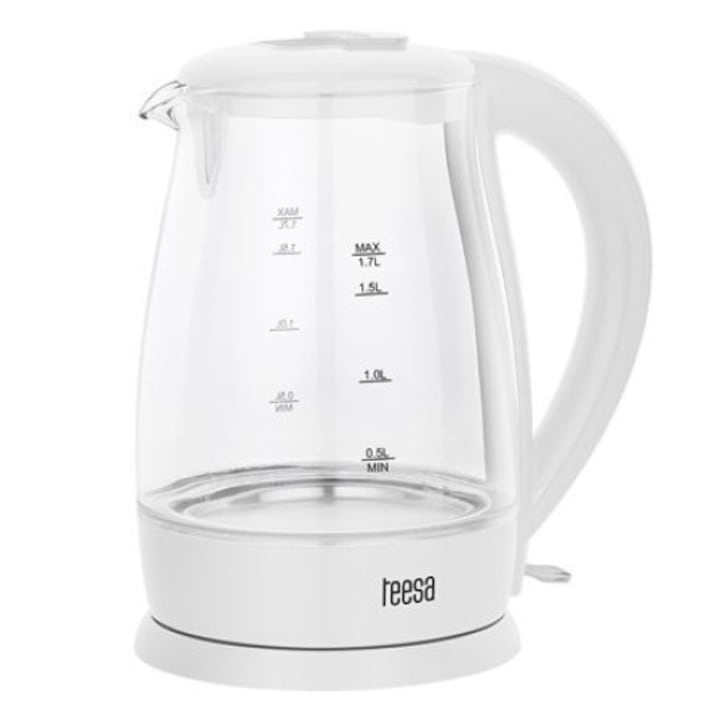 TEESA Fierbător electric TEESA TSA1511W, 1.7L, 2200W, sticlă borosilicată, iluminare LED, White - IT-Fashion.ro