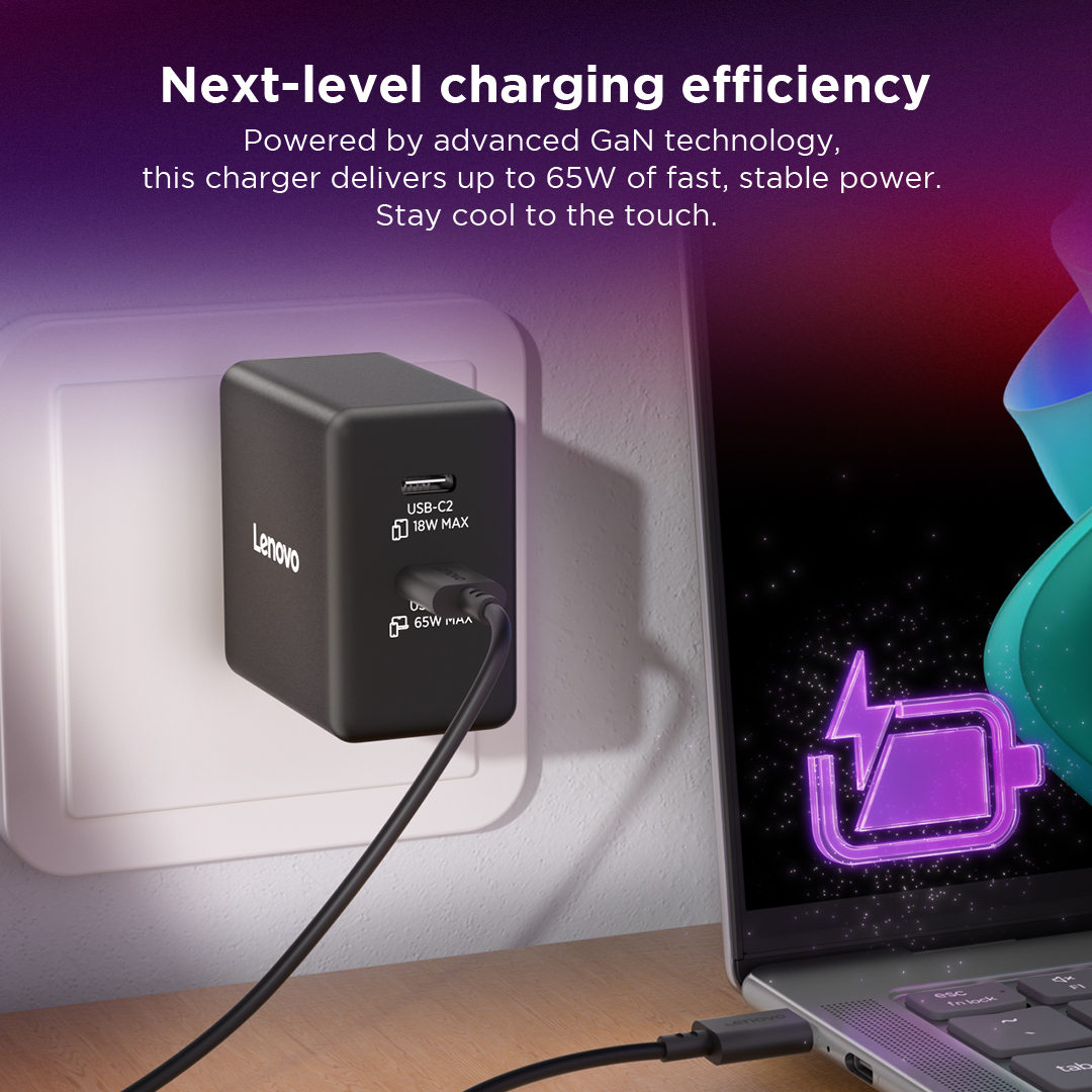 Incarcator retea LENOVO Dual GAN 40AW065BEU, USB-C, 65W, Negru + Cablu USB-C inclus de 1.5m - Imagine 6