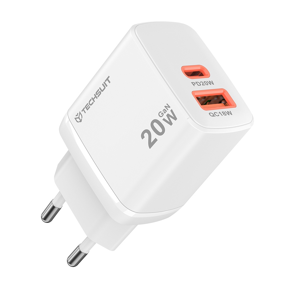 TECHSUIT Incarcator retea TECHSUIT Duonix CH2, 1 x USB Type-C, 1 x USB, 20W, White - IT-Fashion.ro