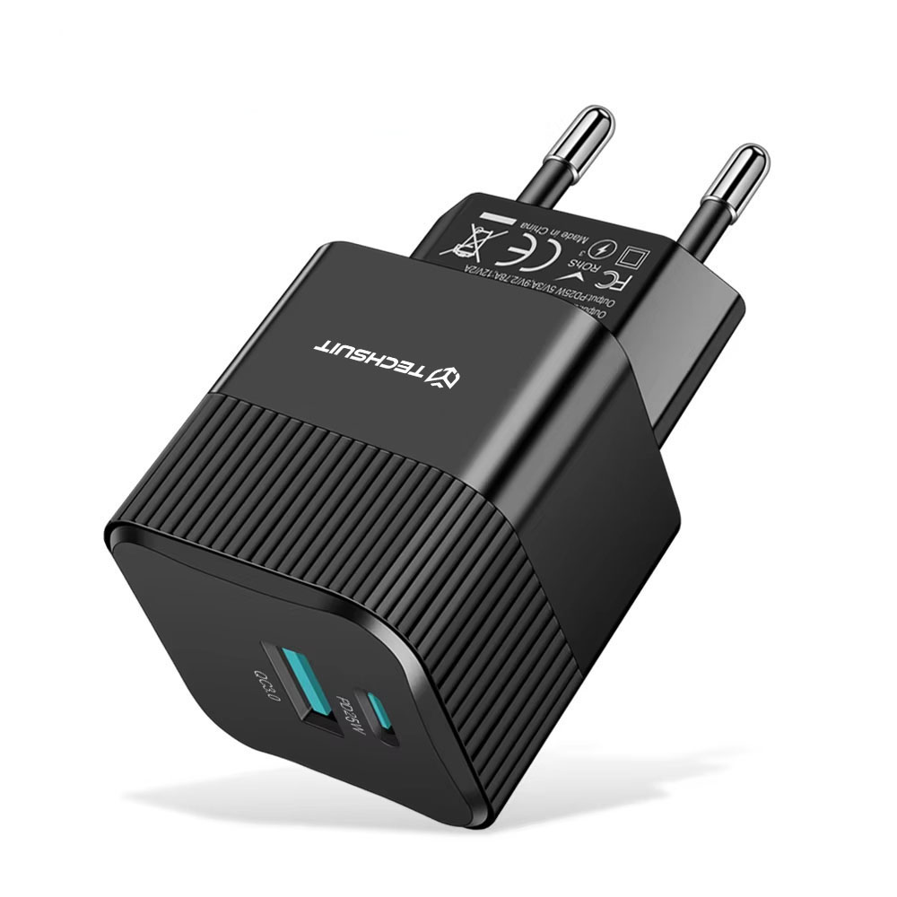 TECHSUIT Incarcator retea TECHSUIT Tiny Series CHPD216, 1 x USB Type-C, 1 x USB, 25W, Black - IT-Fashion.ro