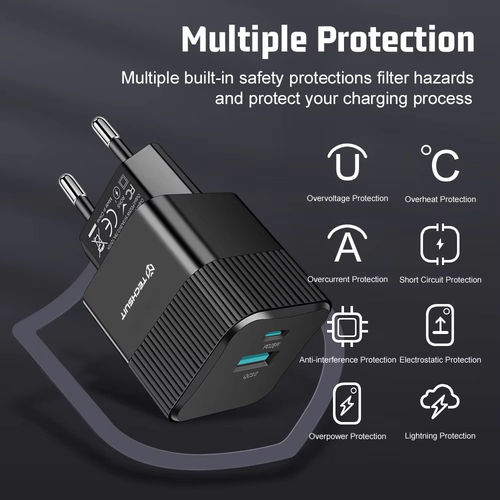 Incarcator retea TECHSUIT Tiny Series CHPD216, 1 x USB Type-C, 1 x USB, 25W, Black - Imagine 3