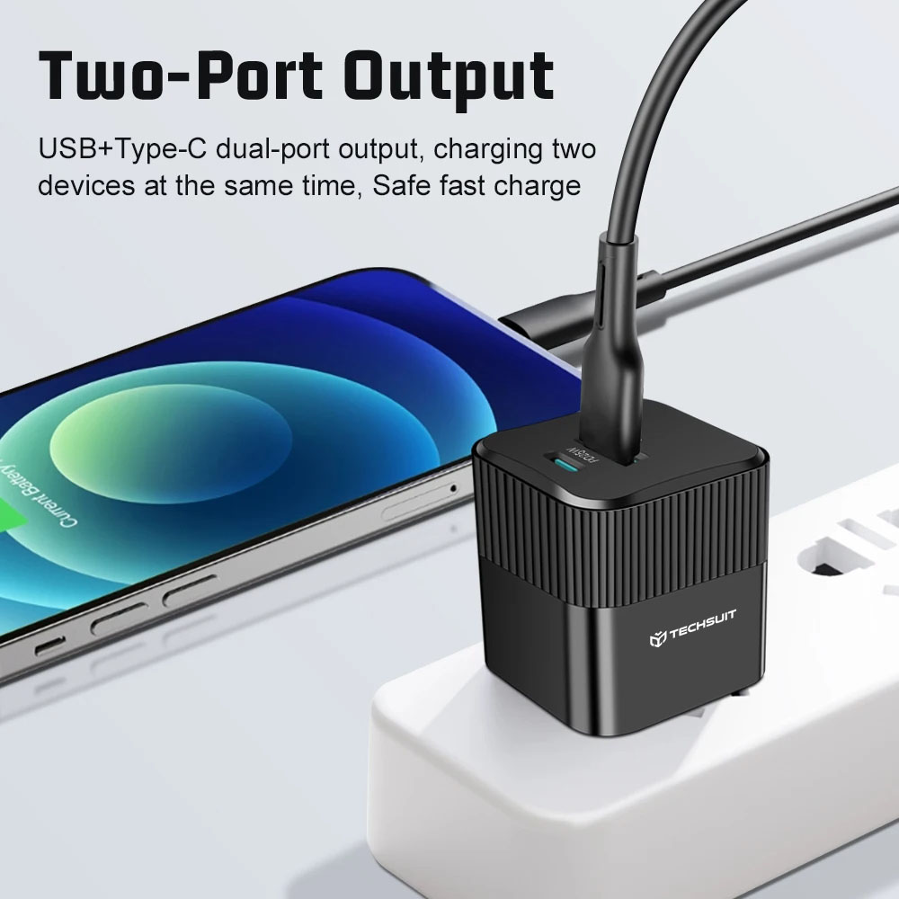 Incarcator retea TECHSUIT Tiny Series CHPD216, 1 x USB Type-C, 1 x USB, 25W, Black - Imagine 4