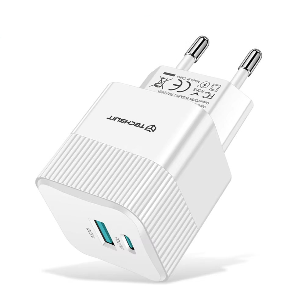 TECHSUIT Incarcator retea TECHSUIT Tiny Series CHPD216, 1 x USB Type-C, 1 x USB, 25W, White - IT-Fashion.ro