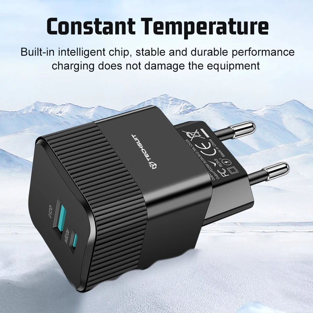 Incarcator retea TECHSUIT Tiny Series CHPD216, 1 x USB Type-C, 1 x USB, 25W, White - Imagine 3