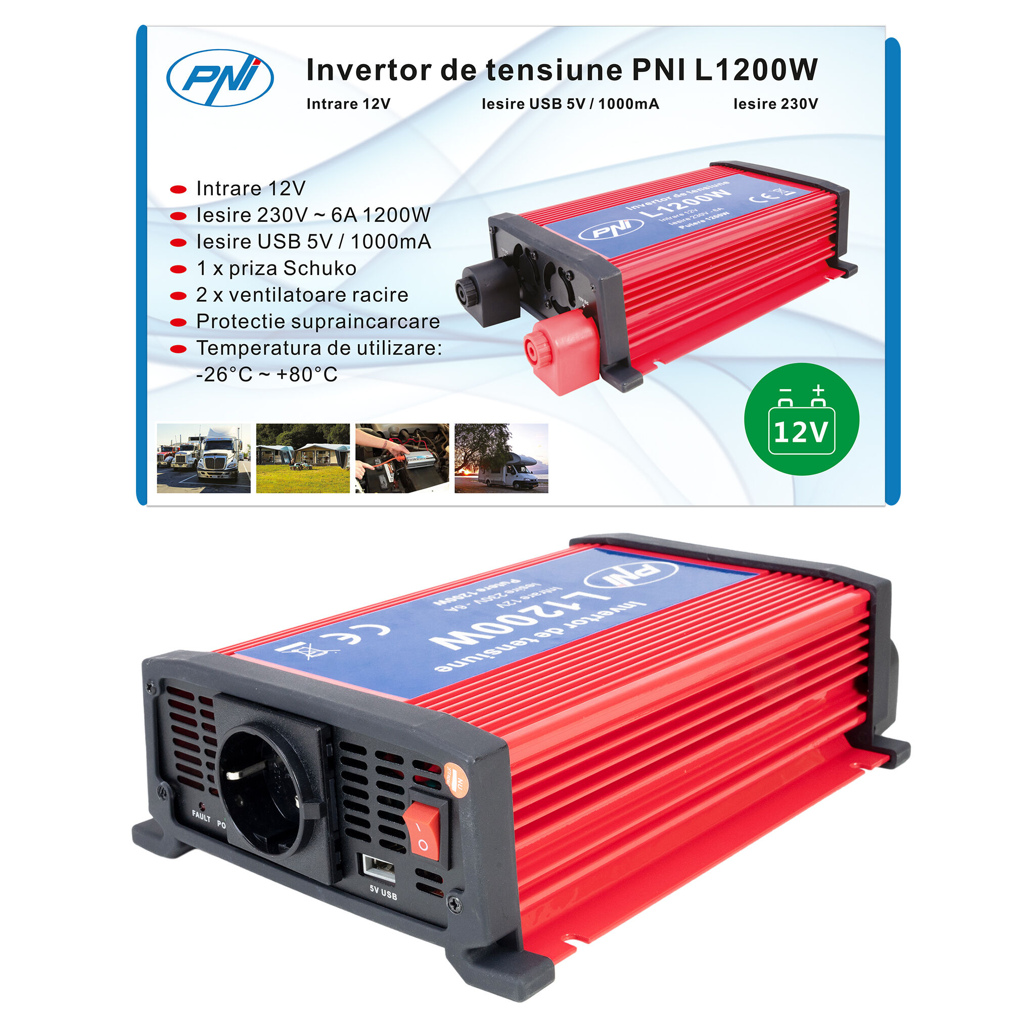 PNI Invertor de tensiune PNI H1200W12, 12V DC la 230V AC, 1200W - IT-Fashion.ro