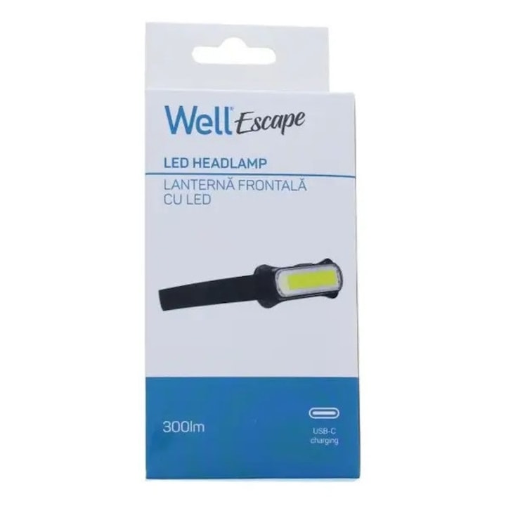 Lanternă de cap WELL Escape, 300lm, COB LED, IPX4, USB-C, negru - Imagine 3