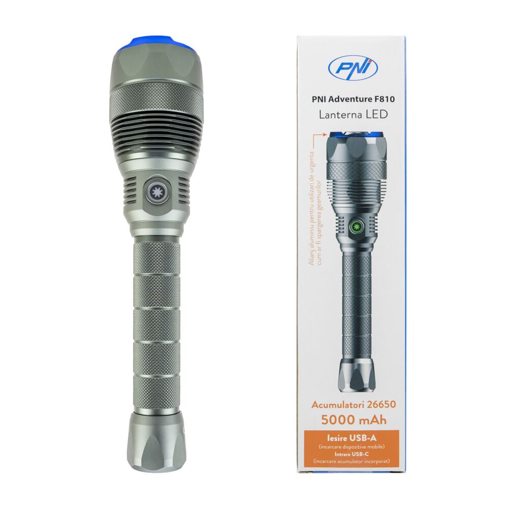 PNI Lanternă profesională PNI Adventure F810 LED 12000lm, 138W, 5000mAh, functie PowerBank, IPX7, Turbo, ~250m, aluminiu - IT-Fashion.ro