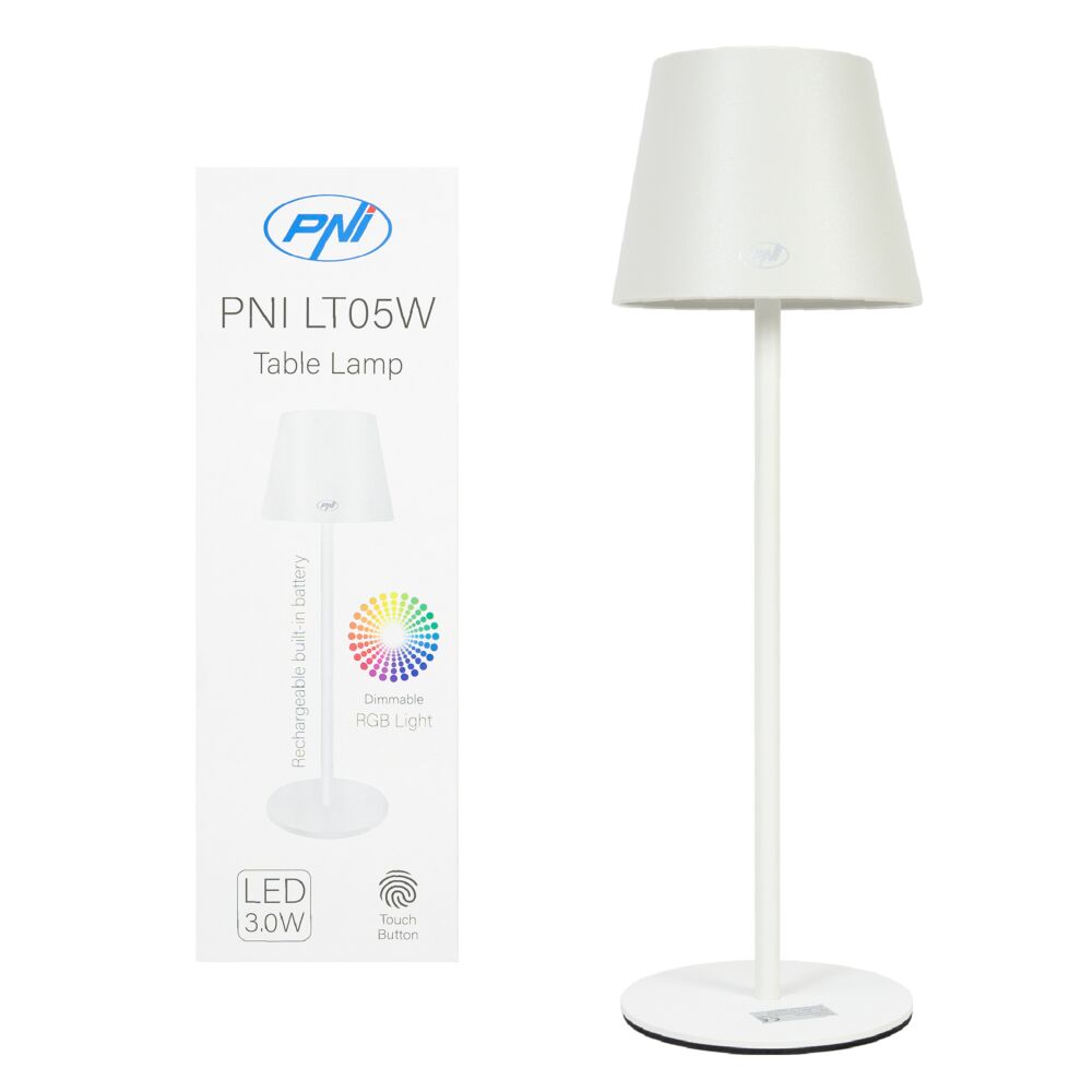 PNI Lampă de masă PNI LT05W cu LED 3W, 200 lumeni, 1800 mAh, USB-C, RGB, buton tactil, dimabil, alb - IT-Fashion.ro