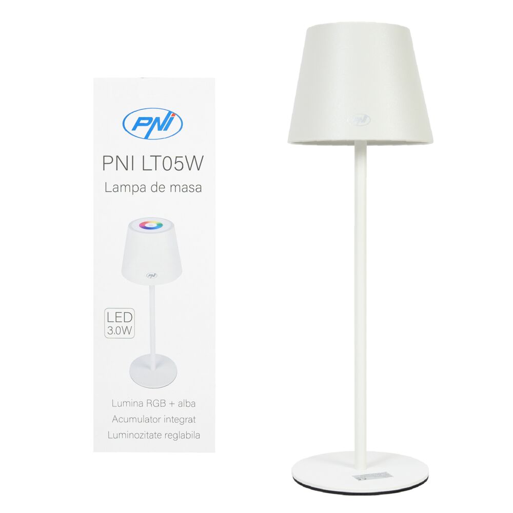 PNI Lampă de masă PNI LT05W cu LED 3W, 200 lumeni, 1800 mAh, USB-C, RGB, buton tactil, dimabil, alb - IT-Fashion.ro