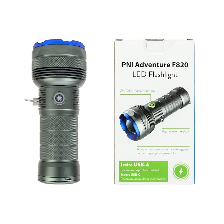 Lanterna PNI Adventure F820 200 W, 3 niveluri iluminare plus Turbo, 20000 lumeni, Power Bank, Gray - Imagine 5
