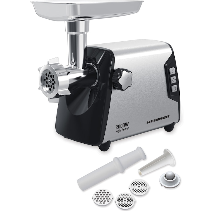 HEINNER Masina de tocat HEINNER HMG-Y2000SS, 3 kg, 2000 W, 3 site de taiere, 2 viteze, Negru/Argintiu - IT-Fashion.ro