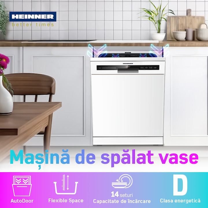 HEINNER Masina de spalat vase HEINNER HDW-FSM60714AWD+++, 12 seturi, 6 programe, Clasa E, 60 cm, Alb - IT-Fashion.ro