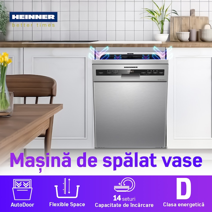 HEINNER Masina de spalat vase HEINNER HDW-FSM60714AXD+++, 14 seturi, 7 programe, Clasa D, 60 cm, Inox - IT-Fashion.ro