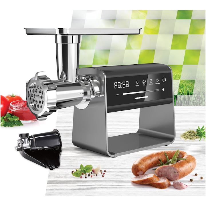 Masina de tocat HEINNER ExquisiteForce HMG-DIS2500, 2.5 kg, 600-2500 W, 2 site de taiere, Control touch, Negru/Inox - Imagine 4