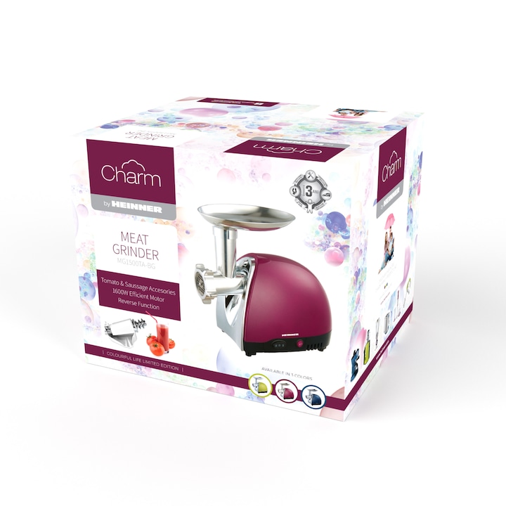 Masina de tocat HEINNER MG1500TA-BG, 2 kg, 1600 W, 3 site de taiere, Visiniu - Imagine 3