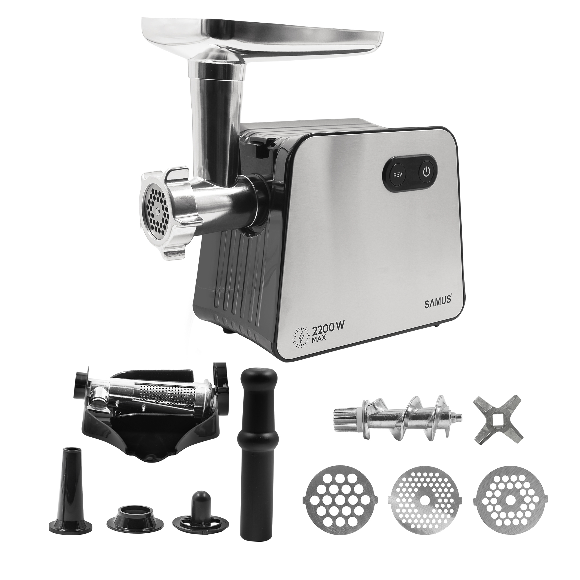 Samus Masina de tocat carne Samus SMT-2200X, 2200W, 1.8 kg/min, 3 site din otel (3,5,7 mm), Viteze 1 + revers, Inox/Negru - IT-Fashion.ro