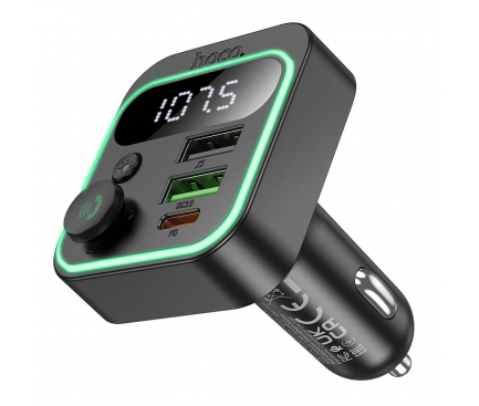 HOCO Modulator FM HOCO E85 2 x USB-A, 1x USB-C, RGB, Bluetooth 5.4, 38W, negru - IT-Fashion.ro
