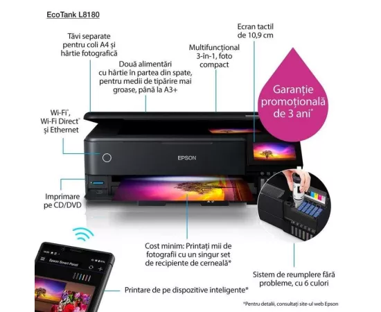 EPSON Multifunctional InkJet color EPSON EcoTank L8180, A3+, Wi-Fi, LAN și Duplex automat, Negru - IT-Fashion.ro