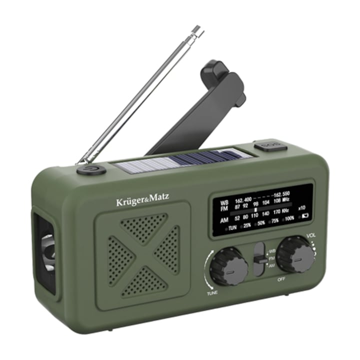KRUGER & MATZ Radio multifunctional solar KRUGER&MATZ KM0835, 2000 mAh, Green - IT-Fashion.ro
