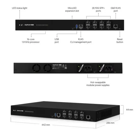 UBIQUITI Router Ubiquiti UniFi EdgeRouter Infinity cu 8 porturi 10 Gigabit SFP+ si 1 port Gigabit RJ45, ER-8-XG, Black - IT-Fashion.ro