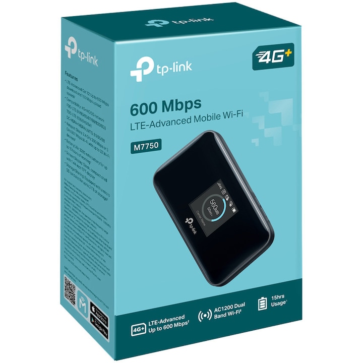 Router Wireless Portabil TP-LINK M7750 4G LTE, Cat 12 viteza pana la 600 Mbps, Micro SD, baterie 3280mAh, Black - Imagine 5