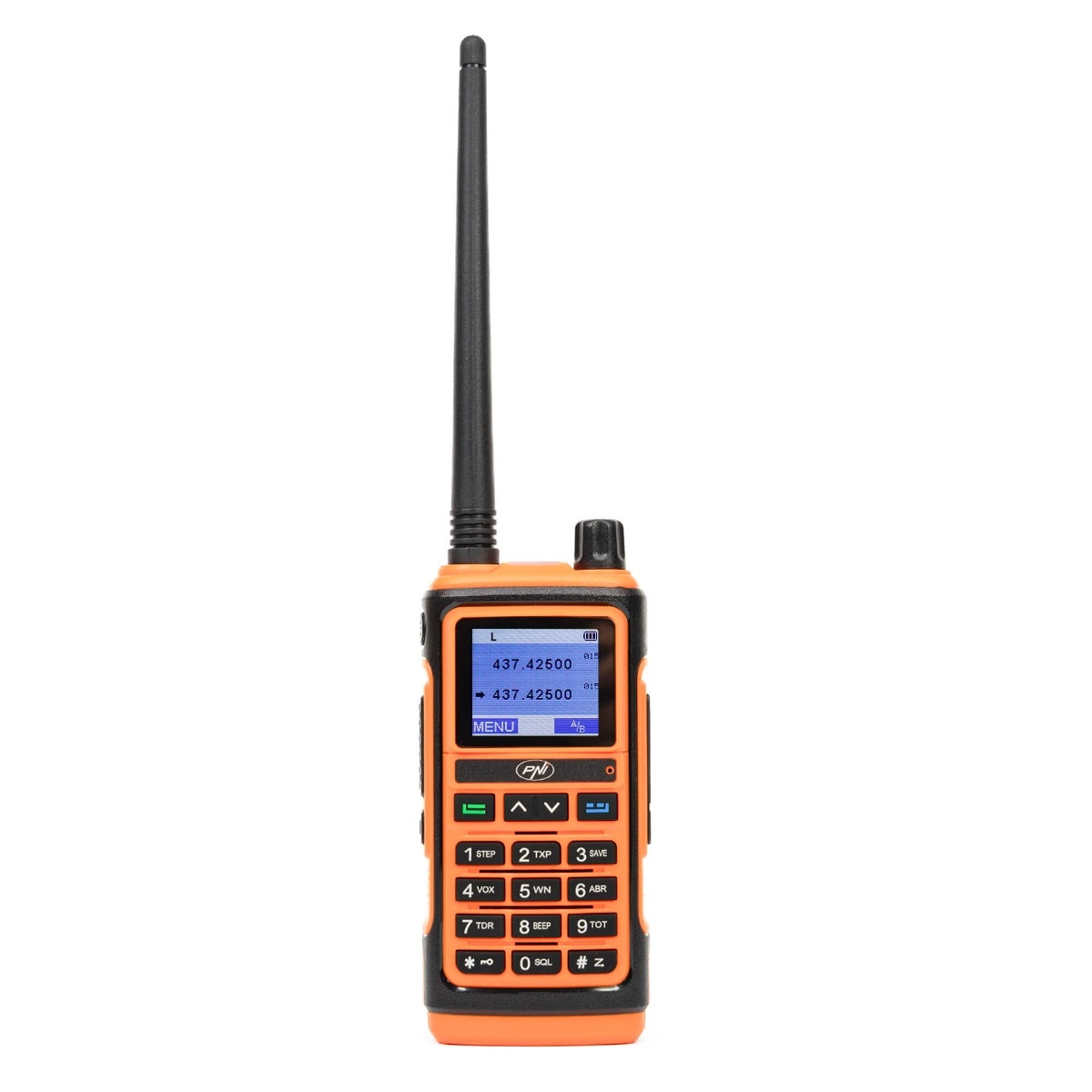 Statie radio portabila VHF/UHF PNI P17UV Dual Band 144–146 MHz, 430–440 MHz, 999 canale, 1500 mAh, lanterna, radio FM, negru/portocaliu - Imagine 1