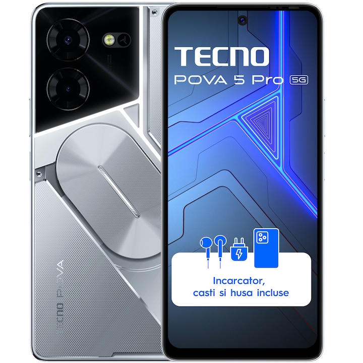 Telefon TECNO Pova 5 Pro, 5G, Dual SIM, 8GB RAM, 256GB, Silver Fantasy - Imagine 1