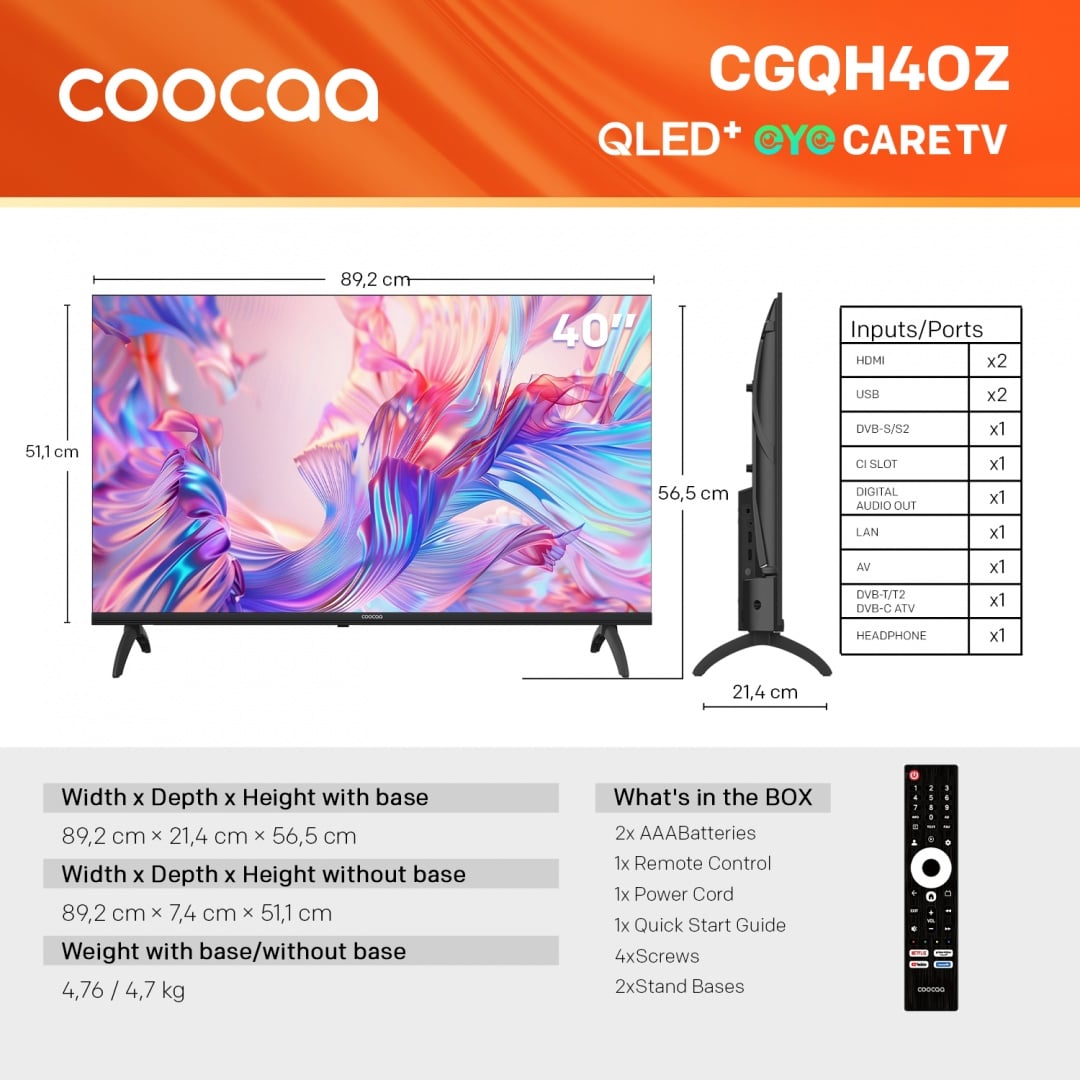 Coocaa Televizor QLED Smart Coocaa 40CGQH40Z, 101 cm, Negru - IT-Fashion.ro