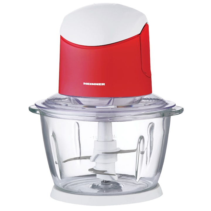 HEINNER Tocator de legume HEINNER HMC-K500WHR, Bol sticla 1L, 500W, 2 cutite din inox, Alb/Rosu - IT-Fashion.ro