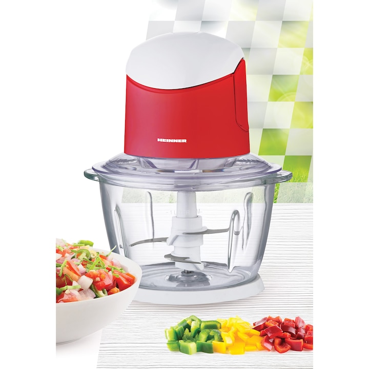 HEINNER Tocator de legume HEINNER HMC-K500WHR, Bol sticla 1L, 500W, 2 cutite din inox, Alb/Rosu - IT-Fashion.ro