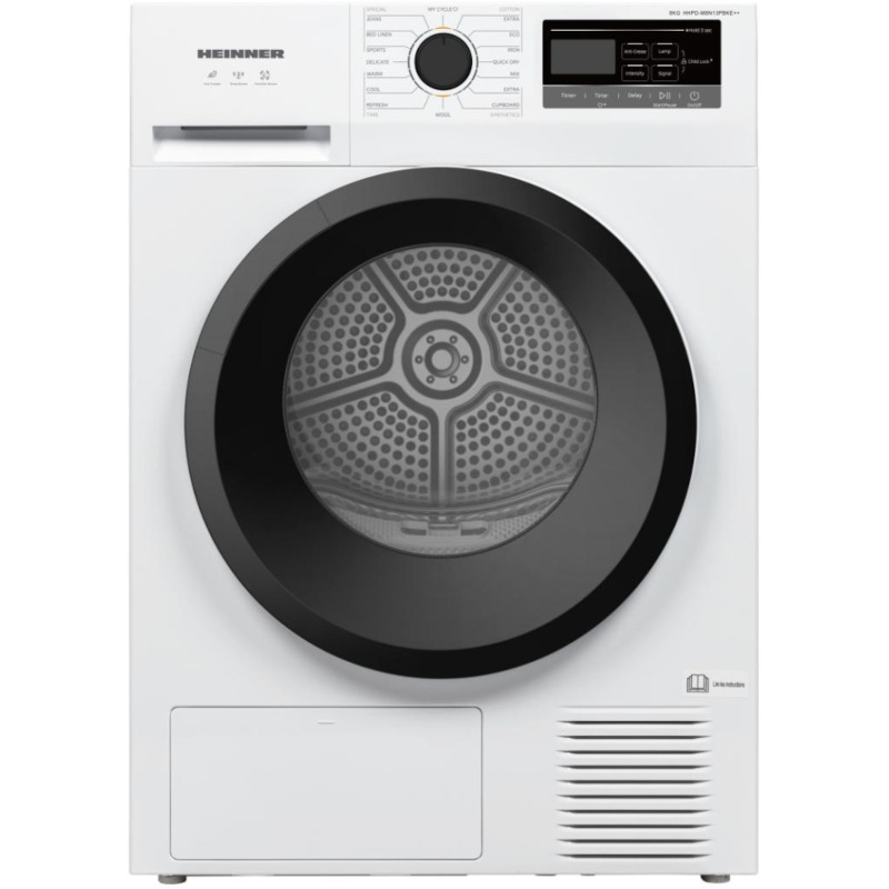 HEINNER Uscator de rufe cu pompa de caldura HEINNER HHPD-M8N13PBKE++, 8 kg, 16 programe, Clasa E, Alb - IT-Fashion.ro