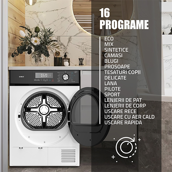 Uscător de rufe Samus SWDP-816 8KG cu pompă de căldură și 16 programe - Imagine 5