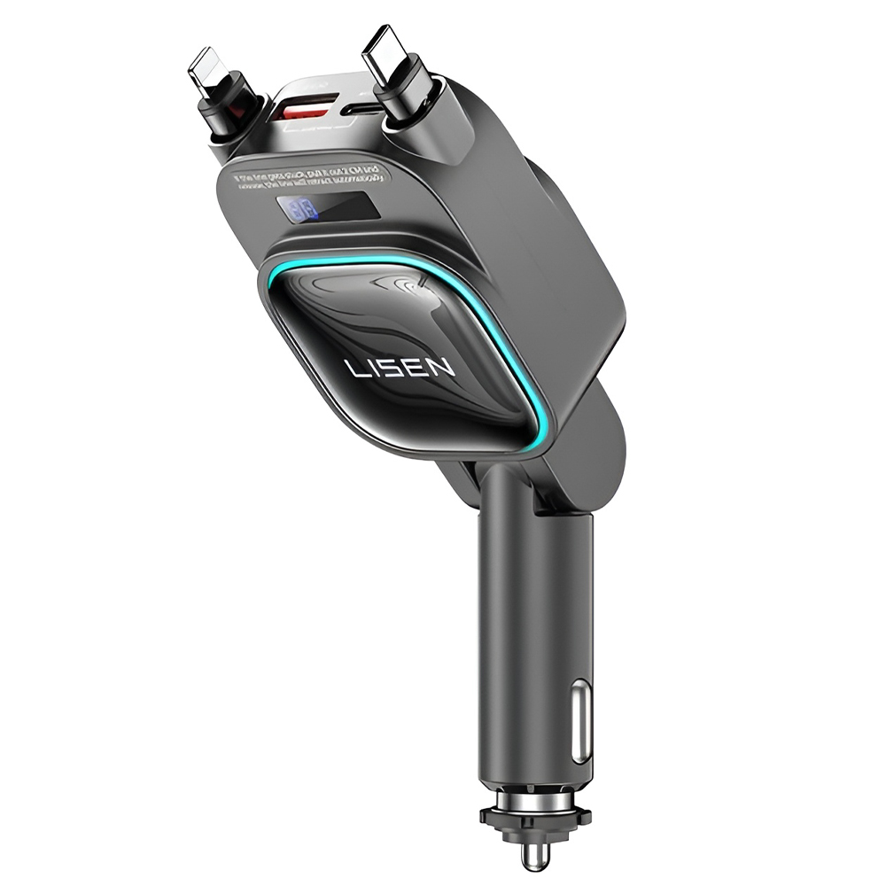 Lisen Încărcător auto LISEN 4-în-1 cu cabluri retractabile, USB, USB-C, LED Display, 96W - IT-Fashion.ro